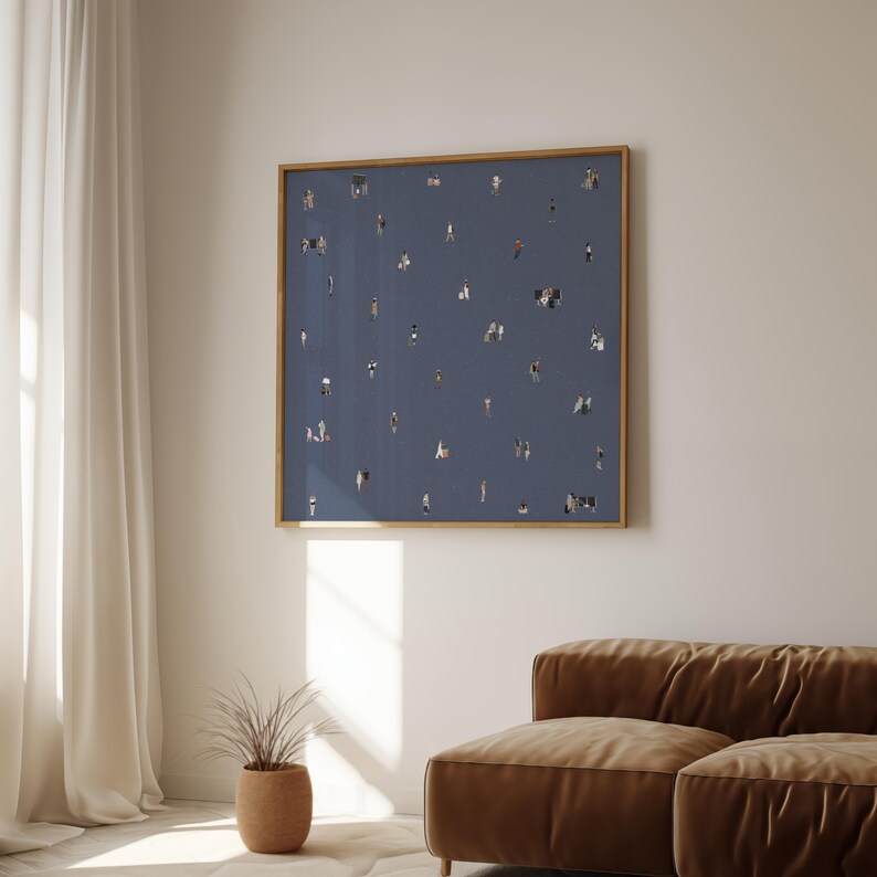 May include: A square wall art print featuring a dark blue background populated with numerous small, scattered illustrations of people in various poses and outfits, all enclosed within a thin, light-colored wooden frame.