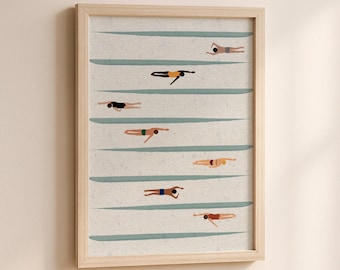 Tiny People Swimmers Art | Swimming Pool Print | Beach Lake House Cute Summer Poster Pool House Art Minimalist Unframed Matte Physical Art