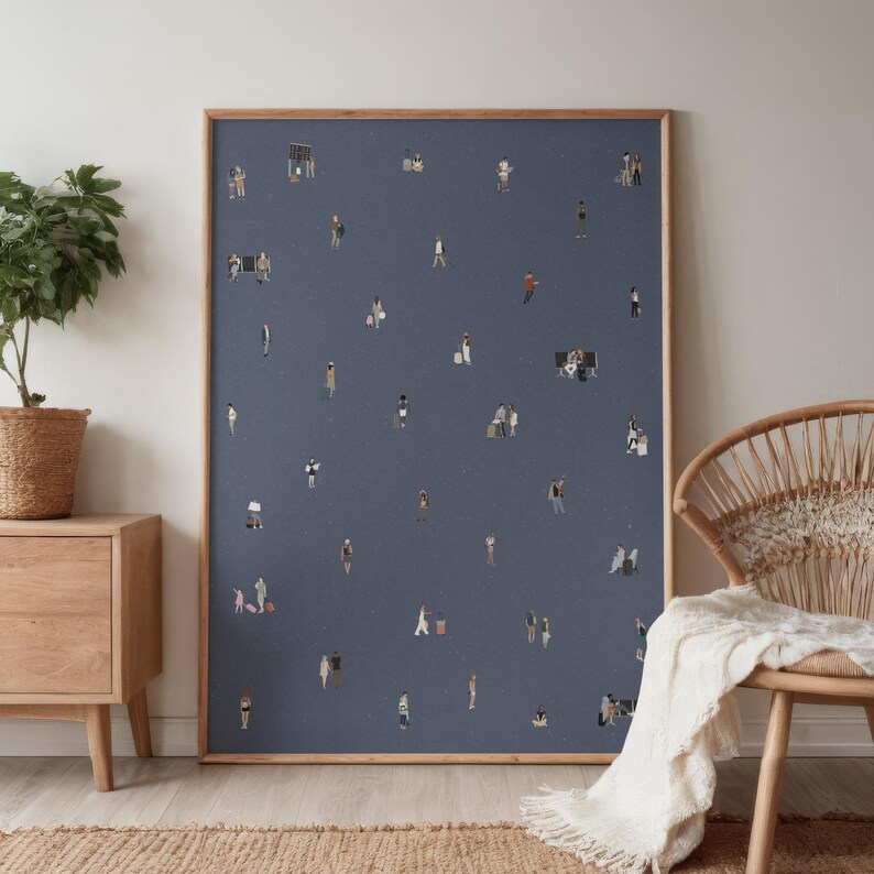 May include: A framed rectangular wall art print featuring a dark blue background populated with numerous small, illustrated figures of people in various poses, some standing, walking, or sitting, creating a scattered pattern across the surface.