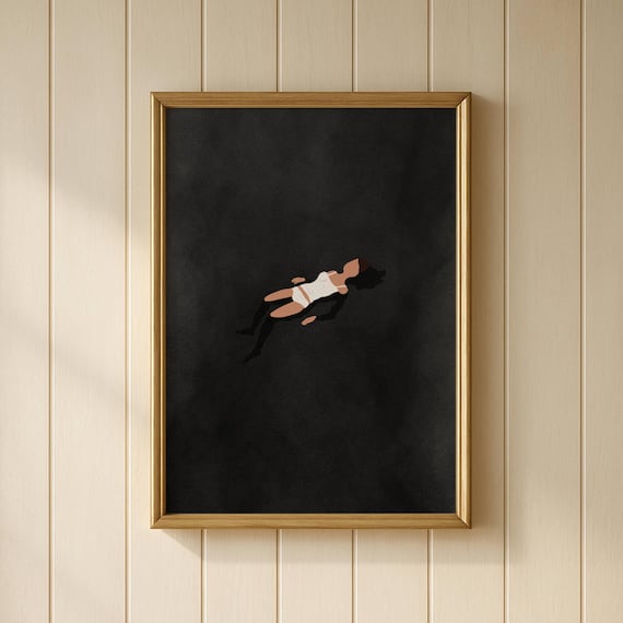 Woman Floating in Black Pool Print | Swimming Wall Art Minimalist Moody Print Beach Art Pool House Decor Tiny People Print Digital Download
