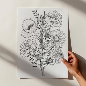 May include: A black and white line drawing of a bouquet of flowers, including roses, poppies, and daisies.