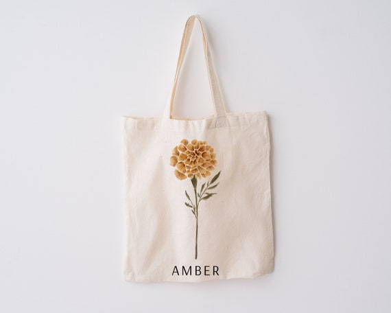 Birth Flower Canvas Tote Bag, Personalized Flower Tote Bag, June Flower
