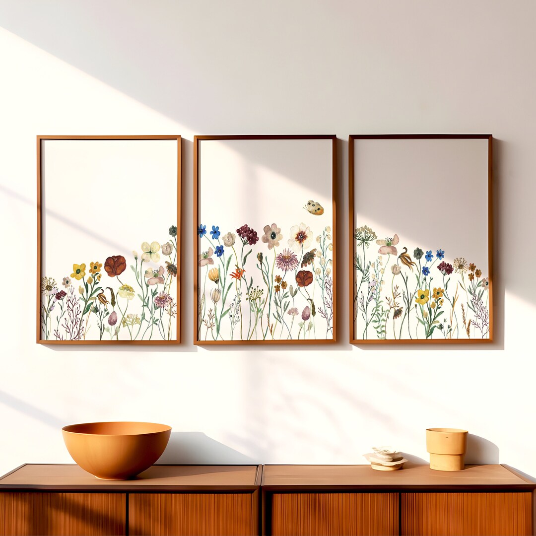 Set of 3 Wildflower Prints Triptych Floral Wall Art Watercolor Print ...