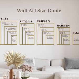 Op de afbeelding: Wandkunst Maatgids met afmetingen in inches en centimeters. Bevat maattabellen voor A1-A4, Verhouding 2:3, Verhouding 4:5, Verhouding 3:4 en 11x14 maten. De gids wordt weergegeven op een witte muur boven een bank.