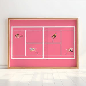 May include: A pink tennis court with four figures playing. The figures are in various positions, including serving, returning a shot, and diving for a ball. The court is framed by a wooden frame.
