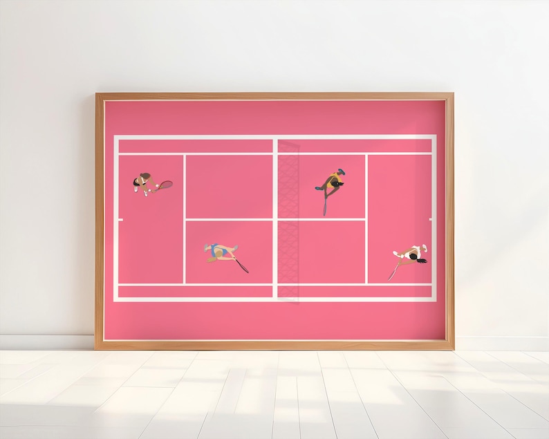 May include: A pink tennis court with four figures playing. The figures are in various positions, including serving, returning a shot, and diving for a ball. The court is framed by a wooden frame.