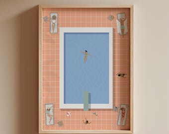 People at Pool Print | Retro Peach Pool People Art Cute Summer Poster Tiny People Swimming Pool House Decor | Digital Download Printable Art