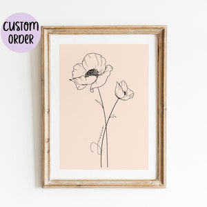 Arte floral para el mes de nacimiento de la familia / Impresión familiar personalizada / Arte lineal minimalista individual con flores y nombre / Decoración de guardería para bebé Descarga digital