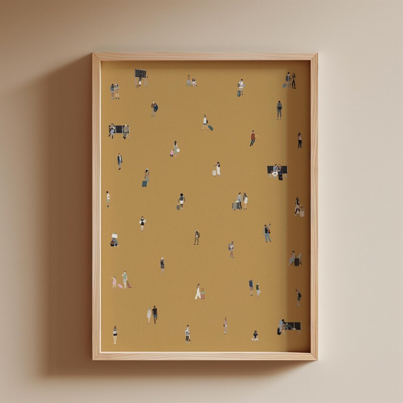 May include: A framed art print featuring a mustard-colored background with numerous tiny figures of people. The figures are dressed in various outfits, suggesting a crowd or gathering. The frame is made of light-colored wood.