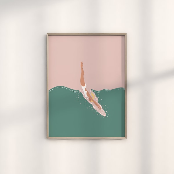 Woman Diving in Pool Print | Jumping in the Pool Print | Swimming Pool Art | Summer Poster | Digital Download