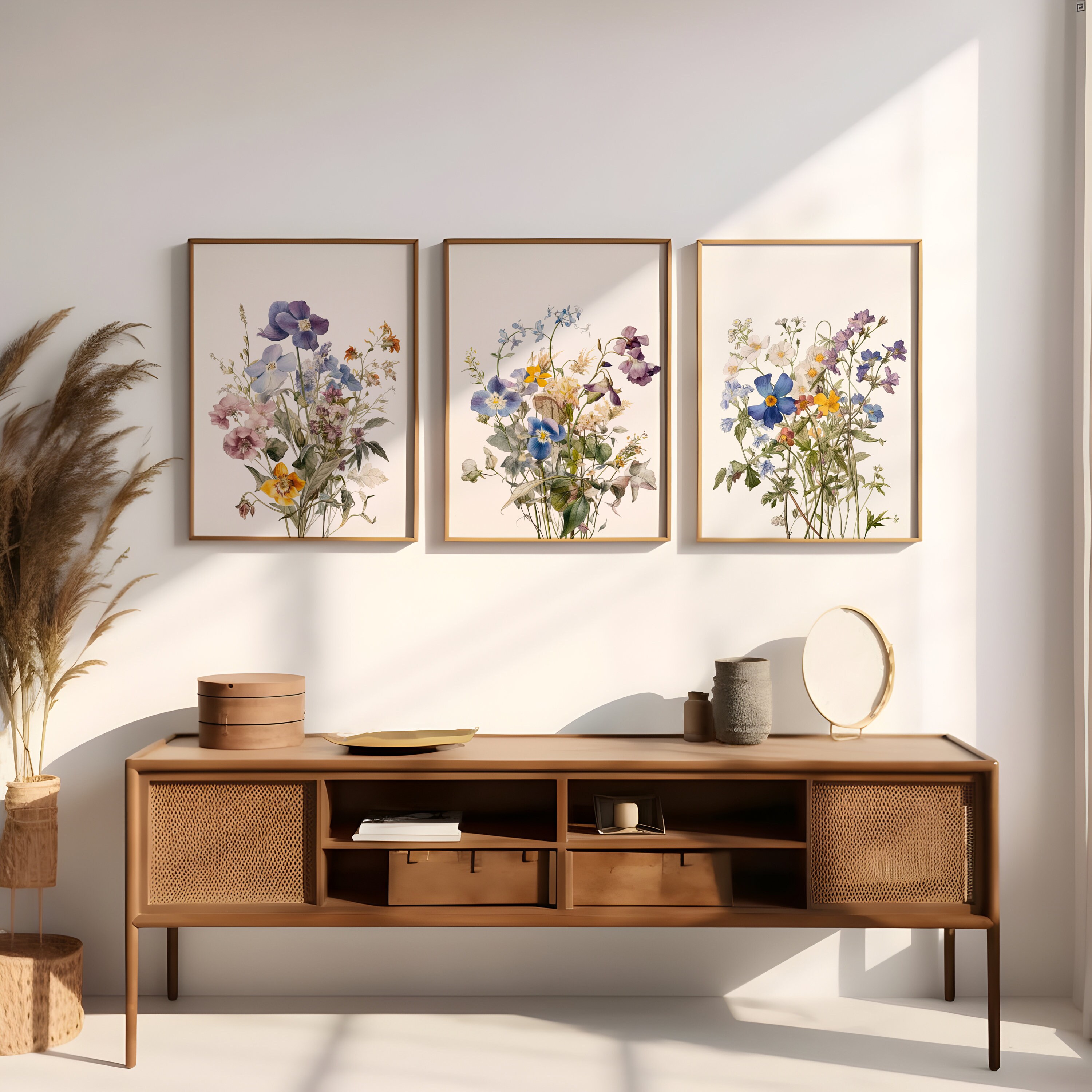 Set of 3 Wildflower Bouquets | Triptych Floral Wall Art | Pressed Dried ...