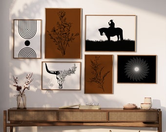 Set of 6 Western Cowboy Art Prints | Gallery Wall Art | Floral Bull Skull | Wild West Prints | Black and White Horse Art | Digital Download