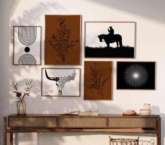 Set of 6 Western Cowboy Art Prints | Gallery Wall Art | Floral Bull Skull | Wild West Prints | Black and White Horse Art | Digital Download