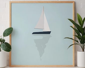 Tiny Sailboat Ocean Print | Minimalist Wall Art | Nautical Ocean Poster | Lake House Light Blue Beach Decor | Digital Download Printable Art