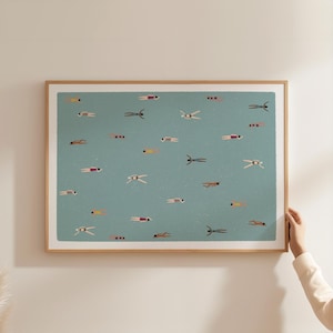 Tiny Women Swimming in Pool Print | Minimalist Swimming Pool Art | Cute Summer Wall Poster | Pool Beach House Decor | Physical Print Option
