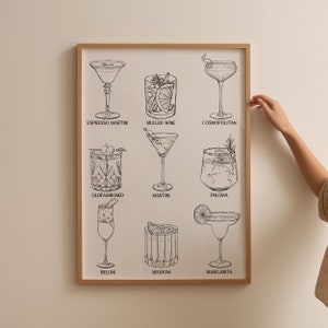 Minimalistische cocktailprint | Decoratie barwagen | Lijntekeningen Zwart-wit moderne kunst | Whiskybarkunst | Trendy drankjeposter | Digitale download