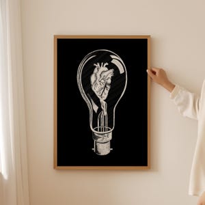 Lightbulb Anatomical Human Heart Print | Minimalist Black and White Wall Art | Office Wall Decor | Digital Download Dorm Decor Printable Art