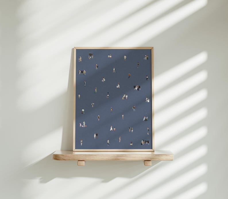 May include: A framed vertical art print featuring a dark blue background populated with numerous tiny, scattered illustrations of people in various poses and outfits, creating a pattern of small figures across the entire surface of the print.
