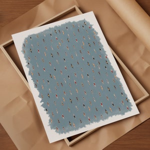 May include: A blue and white print of a repeating pattern of swimmers in a pool. The swimmers are all facing the same direction and are in various positions. The print is a simple and modern design.