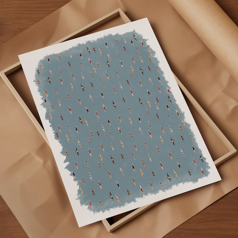 May include: A blue and white print of a repeating pattern of swimmers in a pool. The swimmers are all facing the same direction and are in various positions. The print is a simple and modern design.