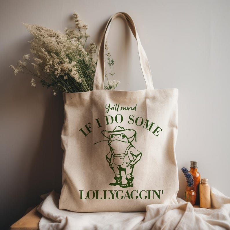 Funny Lollygagging Cowboy Frog Retro Tote Bag Everyday Cute Tote Bag Gift for Friend | Gift under 20 Teacher Appreciation School Canvas Bag image 2