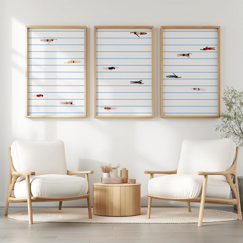 Set of 3 Minimalist Tiny Swimmer Prints Swimming Pool Art Summer Wall
