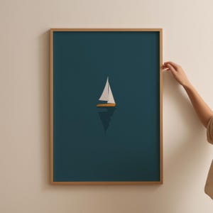 Impresión de un pequeño velero en el océano / Arte de pared minimalista / Póster náutico del océano / Decoración de playa con luz de casa en el lago / Arte de pared imprimible con descarga digital
