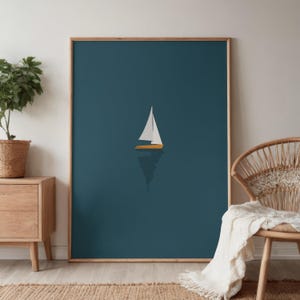 Minimalist Tiny Sailboat Print | Dark Nautical Lake House Decor | Modern Summer Beach Home Art Print | Digital Download Printable Wall Art