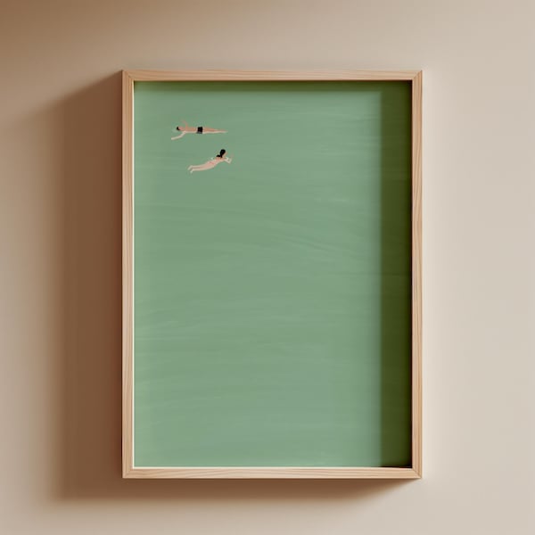 Couple Floating in Pool Mint Green Swimming Pool Wall Art Pastel Soft Green Summer Pool Minimalist Beach House Decor Unframed Physical Print