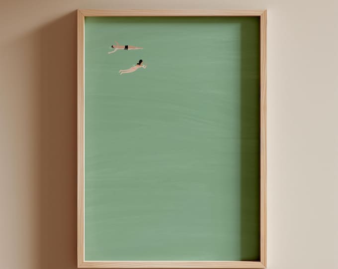 Couple Floating in Pool Mint Green Swimming Pool Wall Art Pastel Soft Green Summer Pool Minimalist Beach House Decor Unframed Physical Print