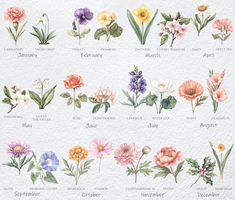 May include: A chart of flowers representing each month of the year. The flowers are illustrated in watercolor style with a white background. January: Carnation, February: Violet, March: Daffodil, April: Daisy, May: Hawthorn, June: Rose, July: Water Lily, August: Gladiolus, September: Aster, October: Marigold, November: Chrysanthemum, December: Holly.