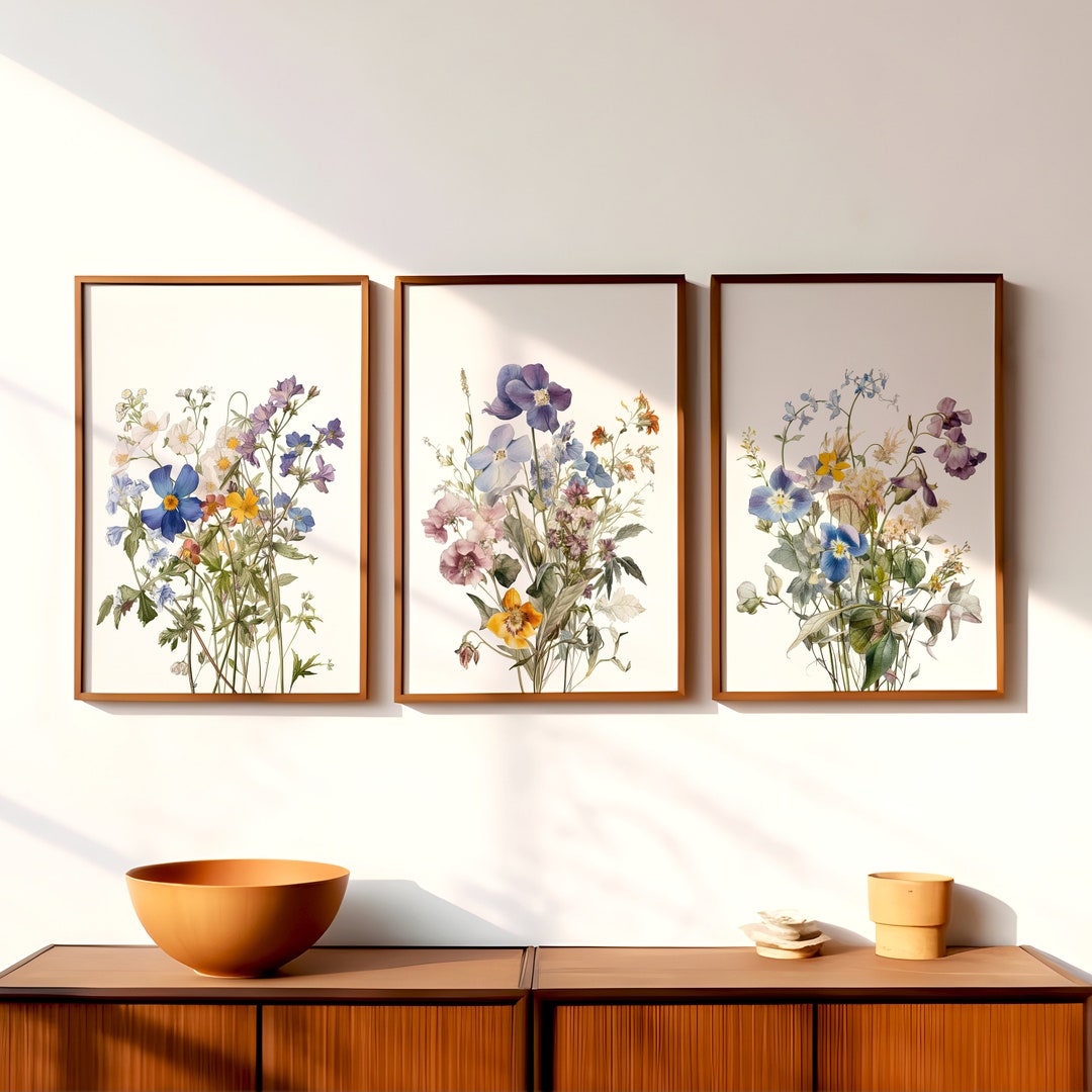Set of 3 Wildflower Bouquets | Triptych Floral Wall Art | Pressed Dried ...