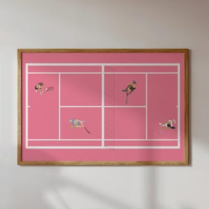 May include: A framed print of a pink tennis court with four figures playing tennis. The figures are stylized and appear to be in mid-air.