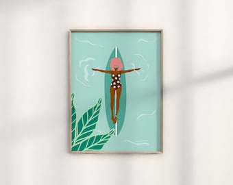 Girl on Surfboard | Beach Art | Summer Print | Swimming Pool Art | Trendy Beach House Decor | Digital Download | Printable Wall Art