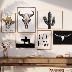 Set of 6 Western Cowboy Art Prints | Gallery Wall Art | Yeehaw Poster | Wild West Prints | Black and White Horse Art | Digital Download