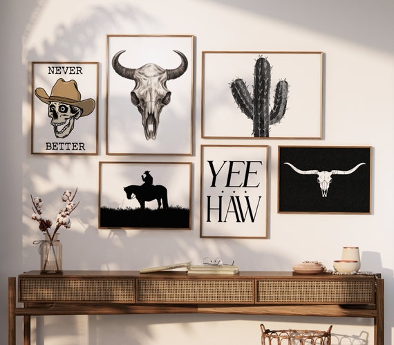 Set of 6 Western Cowboy Art Prints | Gallery Wall Art | Yeehaw Poster | Wild West Prints | Black and White Horse Art | Digital Download