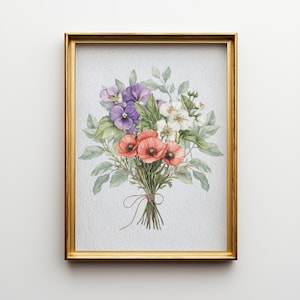 Op de afbeelding: Een ingelijste aquarelprint met een boeket bloemen. Het boeket bevat paarse viooltjes, rode klaprozen en witte bloesems, samengebonden met touw. De lijst is goudkleurig en de achtergrond is licht en getextureerd papier.