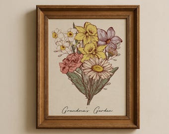 Christmas Gift for Grandma | Birth Flower Bouquet | Personalized Gift | Birth Month Flower Art | Custom Printable Gift | Digital Download