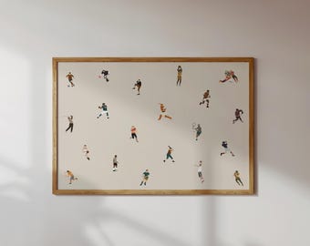 Tiny Male Sports Players Print | Retro Minimalist People Art Gift for Baseball Dad Grandpa Horizontal Office Wall Decor Matte Physical Print