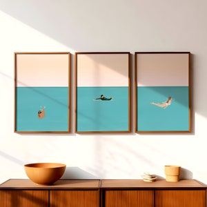 Set med 3 minimalistiska simtryck | Triptyk, simbassäng, väggkonst | Dykning, snorkling | Sommarposters | Strandhusdekor | Digital nedladdning