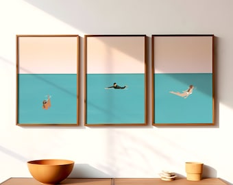 May include: Three framed illustrations of people swimming in the ocean. The top of each frame is a light pink color, and the bottom is a turquoise blue. The illustrations are simple and minimalist.