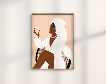 Modern Woman Drinking Wine Art | African American Print | Black Girl Art | Digital Download | Printable Wall Art