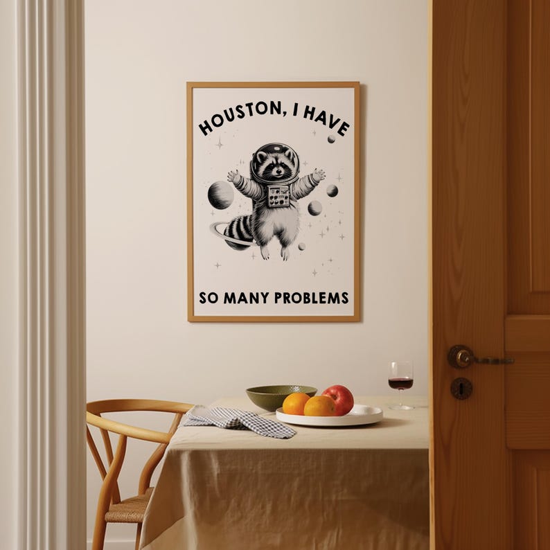 May include: A rectangular wall art print in a light wood frame featuring a black and white illustration of a raccoon wearing a space suit and helmet floating in space with planets and stars, with the text HOUSTON, I HAVE SO MANY PROBLEMS.