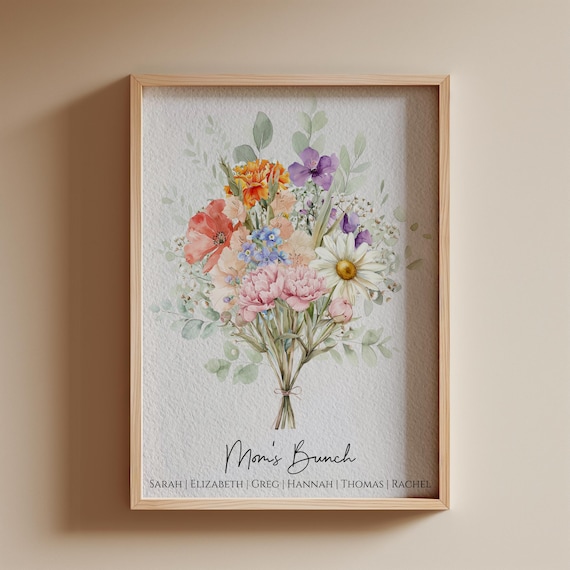 Family Birth Flower Bouquet | Gift for Mom Personalized Watercolor Birth Month Flower Print Mother's Day Gift CUSTOM Unframed Physical Print