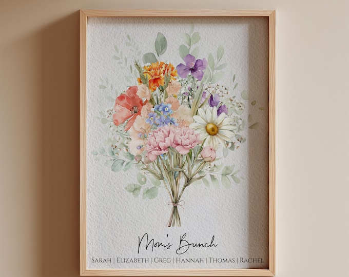 Family Birth Flower Bouquet | Gift for Mom Personalized Watercolor Birth Month Flower Print Mother's Day Gift CUSTOM Unframed Physical Print
