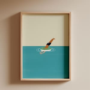 Swimming Pool Print | Jumping in Tube Art | Minimalist Tiny People Swimming | Summer Wall Poster | Digital Download