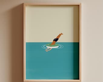 Swimming Pool Print | Jumping in Tube Art | Minimalist Tiny People Swimming | Summer Wall Poster | Digital Download
