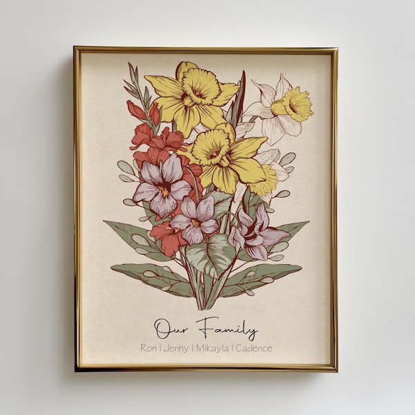 Family Birth Flower Bouquet | Mother's Day Personalized Antique Birth Flower Print Gift for Mom Birthday Gift for Her Custom Family Art Gift