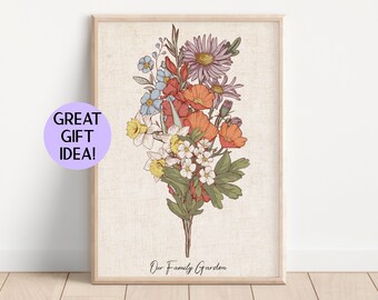 Può includere: Una stampa incorniciata con un bouquet di fiori rossi, arancioni, bianchi, blu e viola su uno sfondo beige. Il testo "Our Family Garden" è stampato nella parte inferiore della stampa.