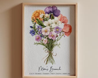 Family Birth Flower Bouquet | Gift for Mom Personalized Watercolor Birth Month Flower Print | Mother's Day Gift CUSTOM Matte Physical Print